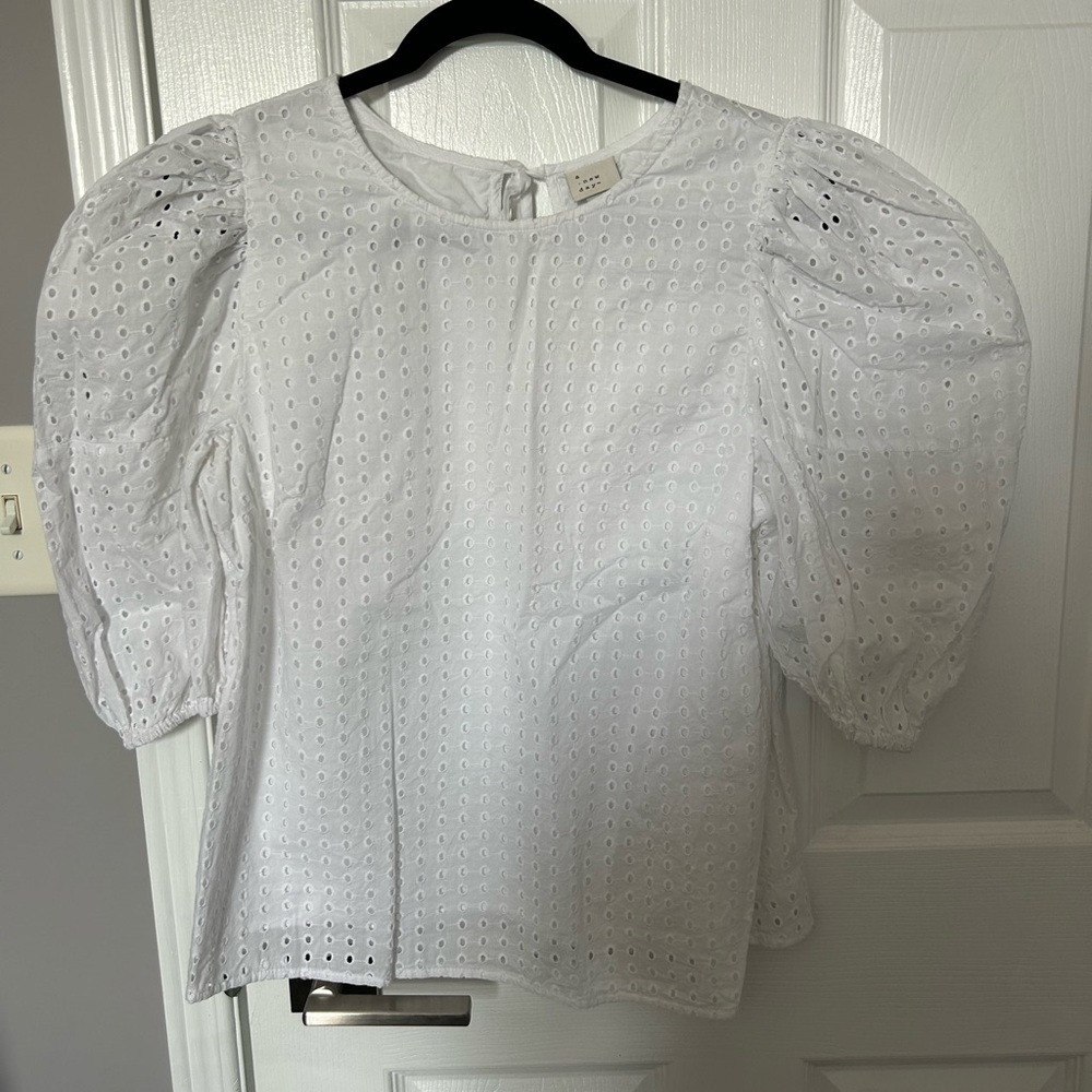a new day White Eyelet Puff-Sleeve Blouse, Medium